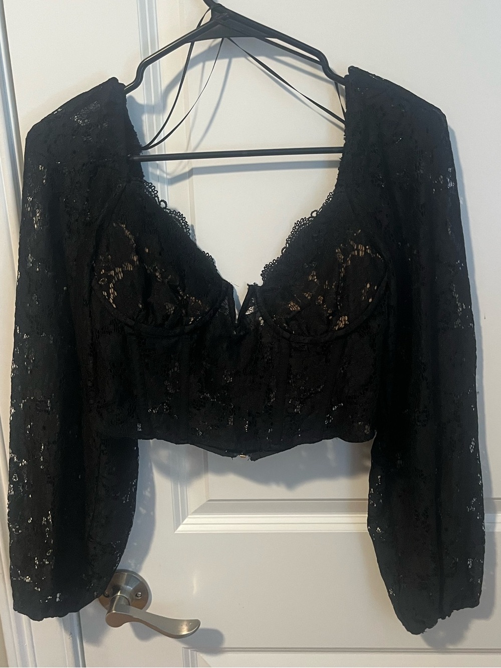 Lush Black Lace Long-Sleeve Cropped Bustier Top
